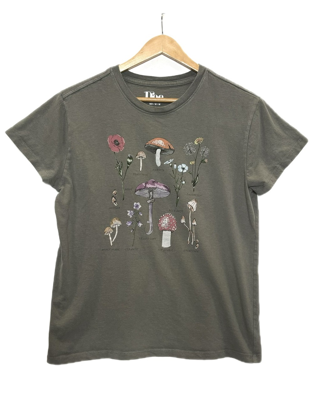 DOE Mushroom Print Graphic T-Shirt Womens Size M Olive Cotton Short Sleeve Tee